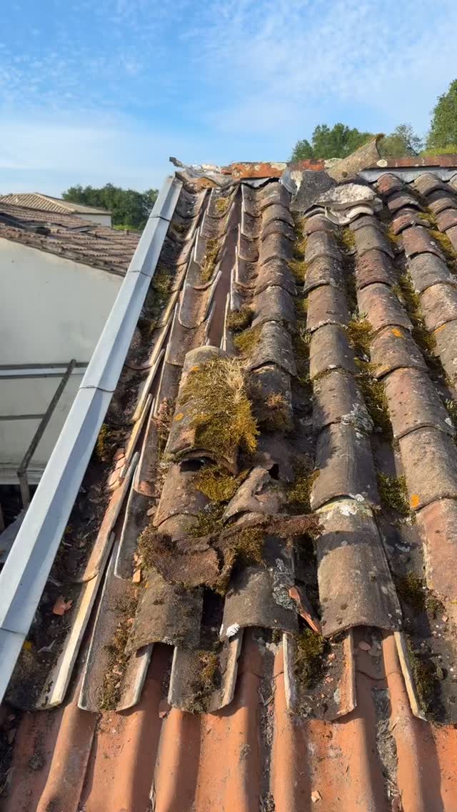 Rénovation toiture : 
- Enlèvement tuile et flexoutuile 
- Mise en place écran sous toiture et double litonnage 
- couverture en Romane Évolution 
- Entourage cheminée zinc